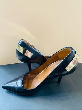 Givenchy Black Leather Pointed Toe Stiletto Pumps with Gold Heel Plate